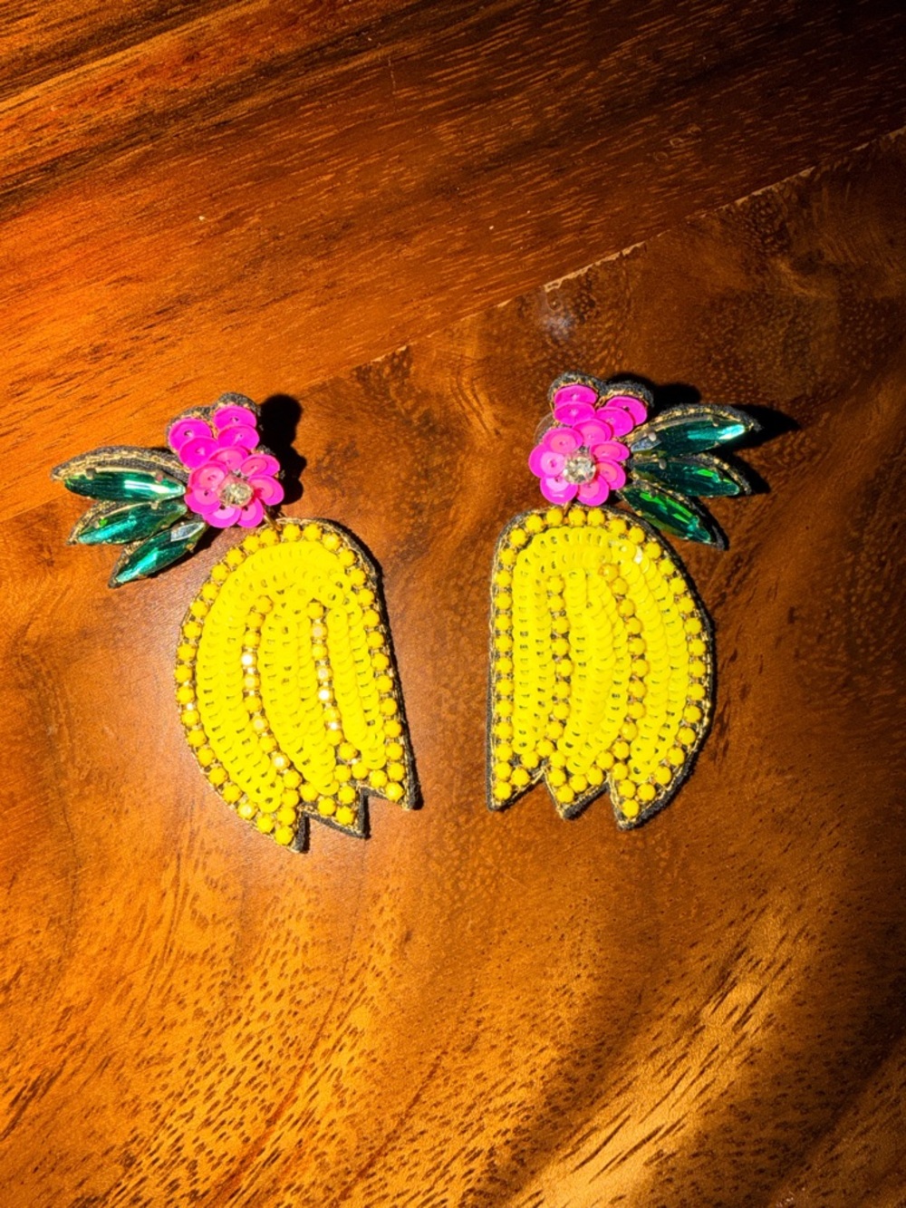 Tropical Beaded Yellow Banana & Floral Statement Earrings